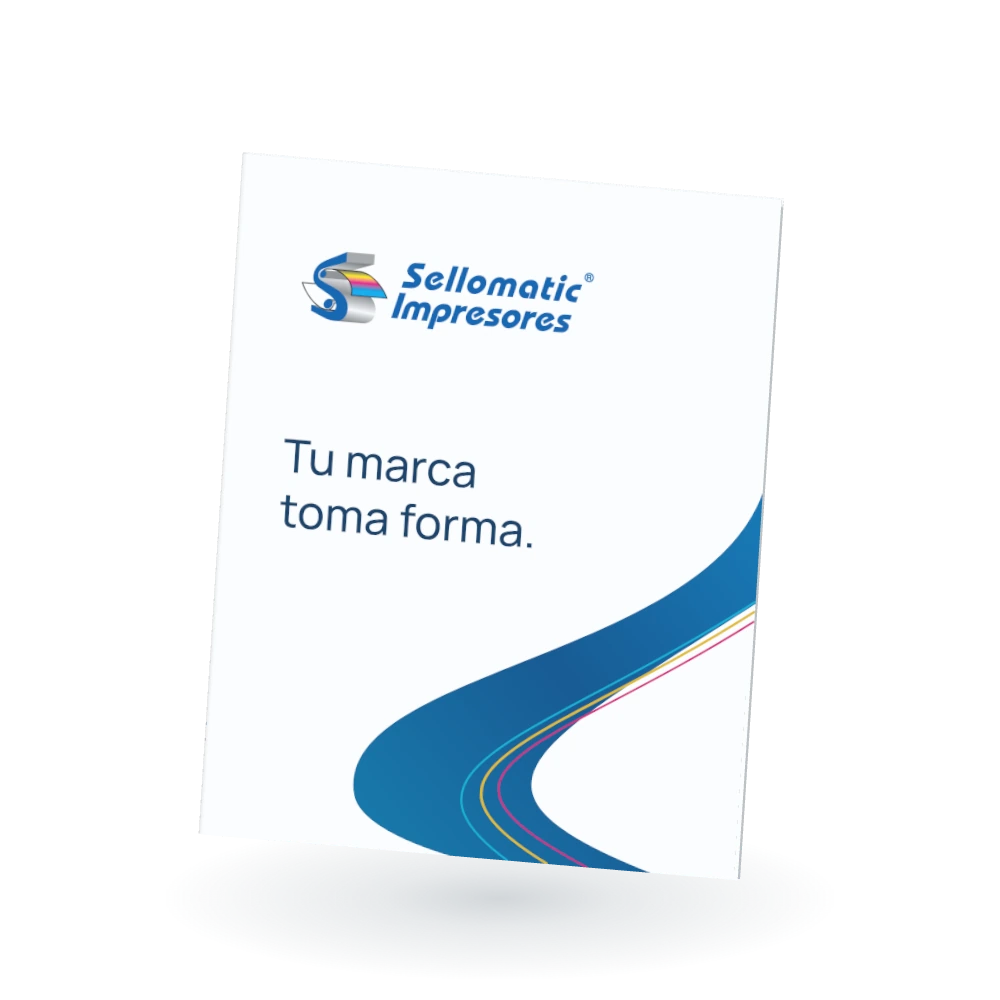 Folder Sellomatic cerrado: papel claro, curvas azules y acentos de color